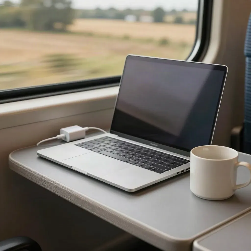 Ultrabook argentato su sedile del treno con tazza e caricatore, paesaggio sfocato fuori dal finestrino.