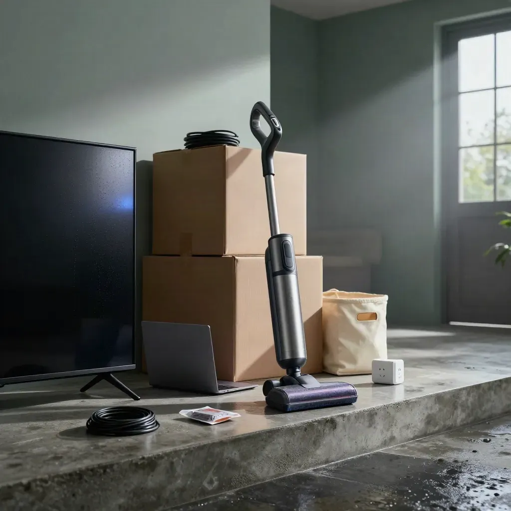 Scatola TV, laptop, aspirapolvere cordless e accessori casa su gradino bagnato dopo la pioggia.
