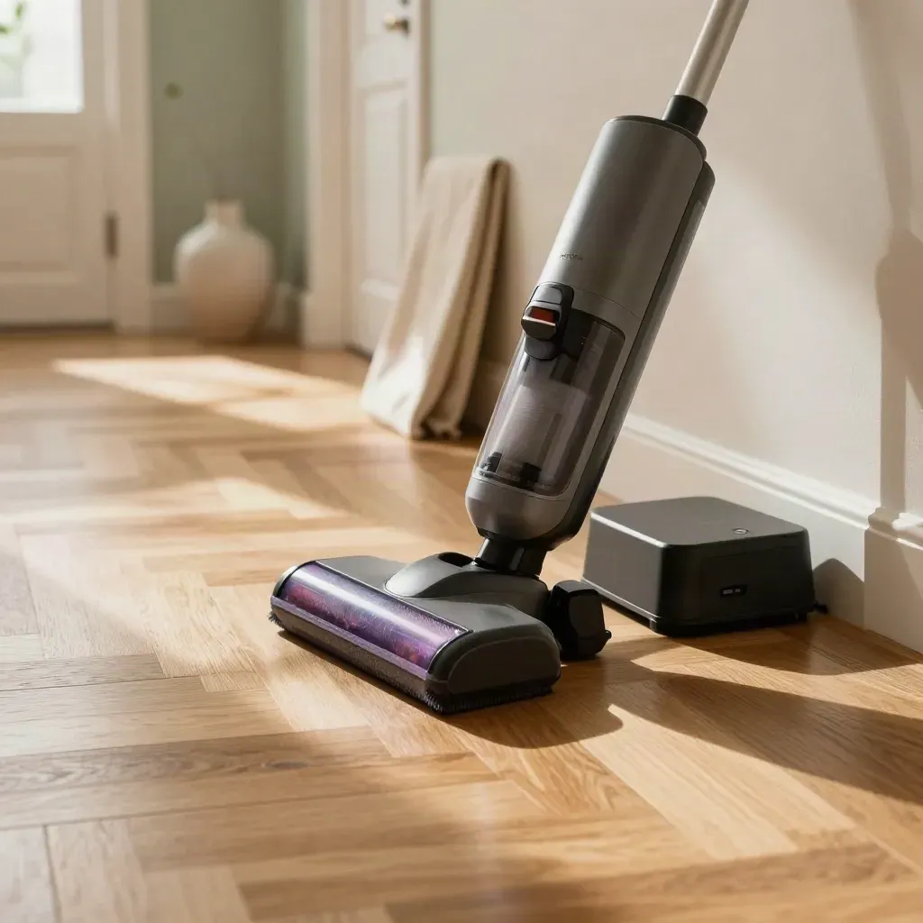 Aspirapolvere cordless su parquet, base di ricarica, tappeto arrotolato e vaso chiaro in corridoio