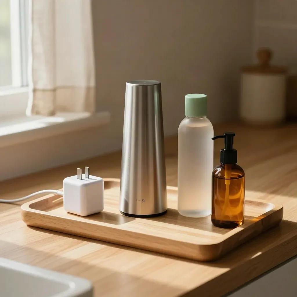 Essenziali smart su legno chiaro: lampada, caricatore USB, borraccia e sapone refill.