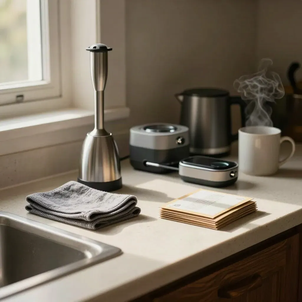 Frullatore a immersione, panni grigi e buste coupon su piano cucina caldo, con vapore e luce pomeridiana.
