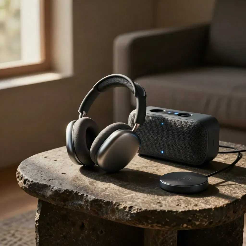 Cuffie wireless, cassa Bluetooth e disco di ricarica su tavolino in pietra, luce blu soffusa.