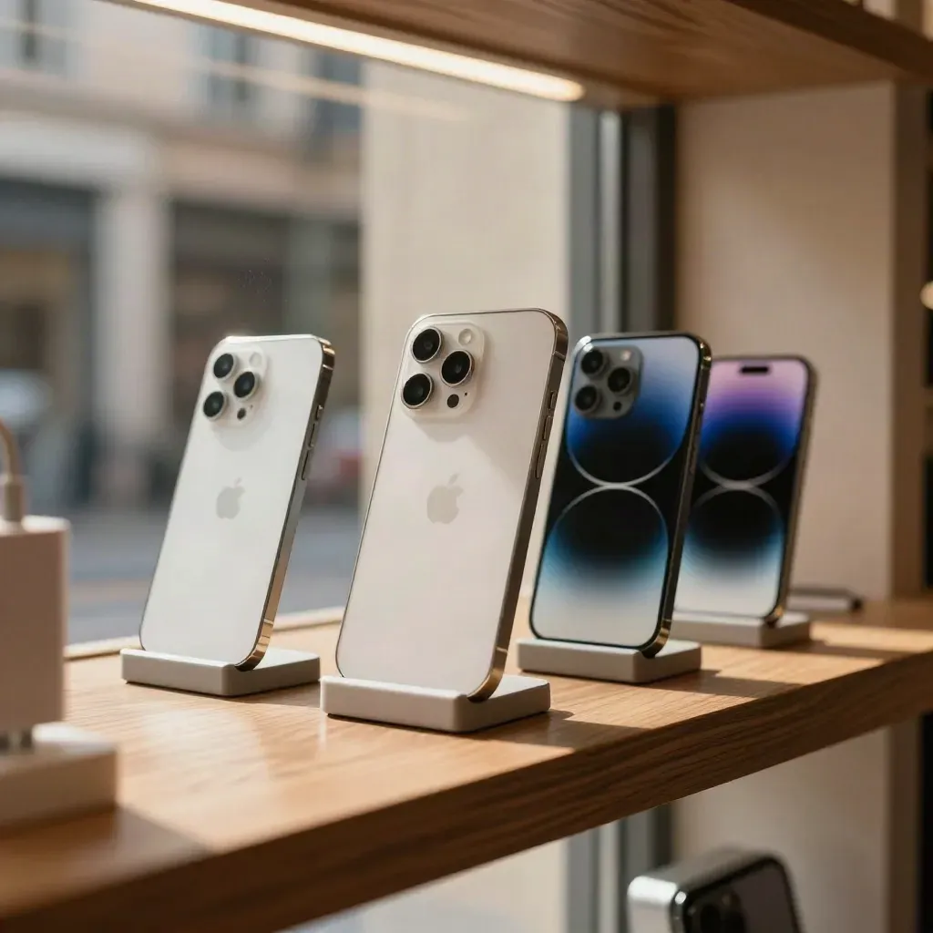 Tre smartphone in vetrina con caricatore, luce calda e riflessi blu.
