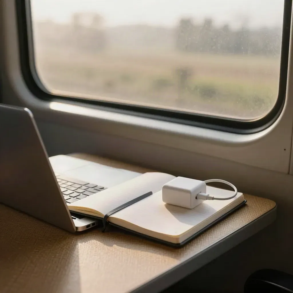Notebook leggero su sedile di treno vicino al finestrino, con nebbia mattutina e alimentatore compatto.