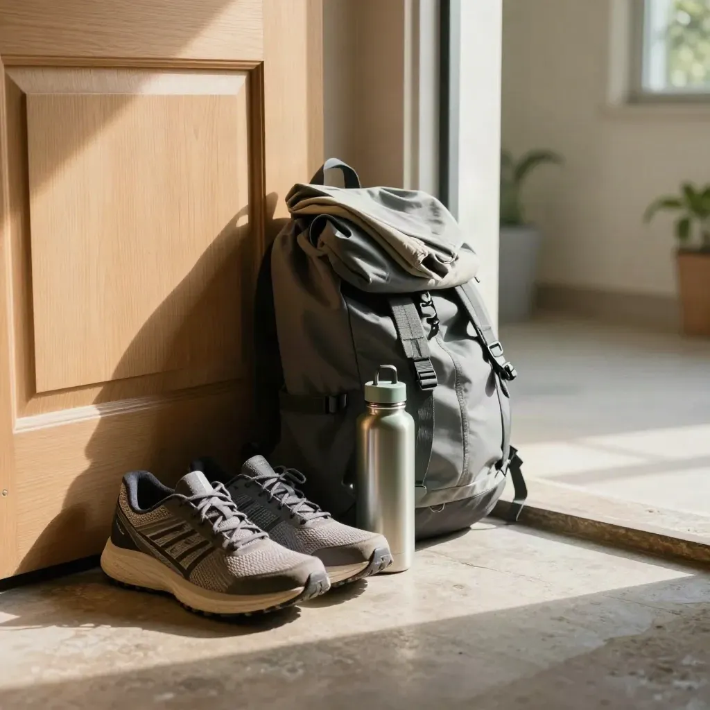 Scarpe sportive, zaino e borraccia nell’ingresso di casa, pronti per uscire al mattino