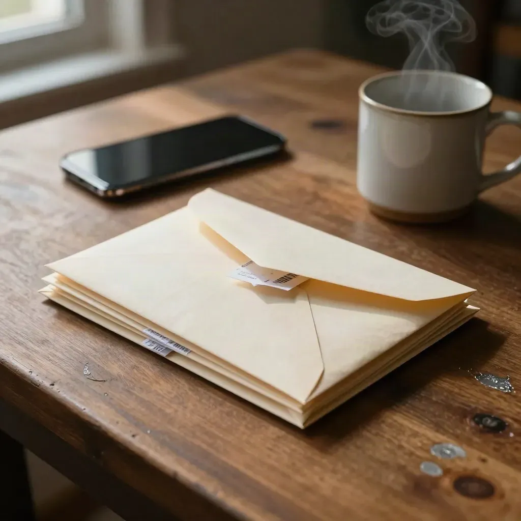 Buste sconto piegate, tazza calda e telefono su tavolo di cucina in luce del pomeriggio.