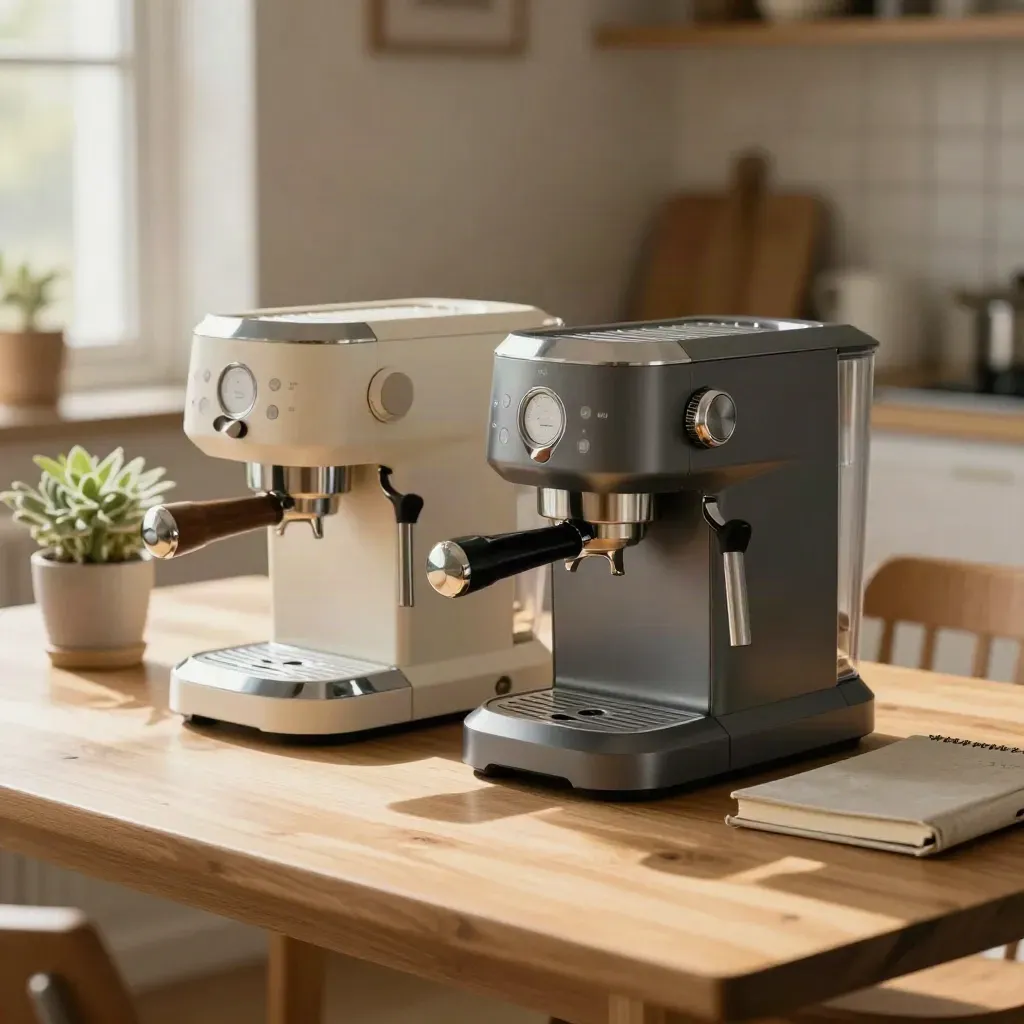 Due macchine per espresso quasi identiche su tavolo, con piantina e quaderno chiuso.