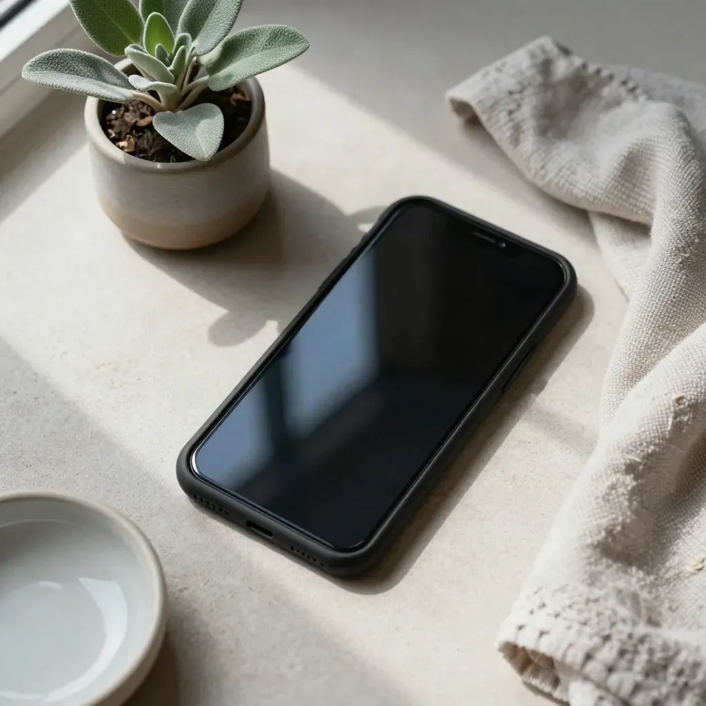 Smartphone nero con piantina, stoffa piegata e piattino in ceramica su pietra chiara