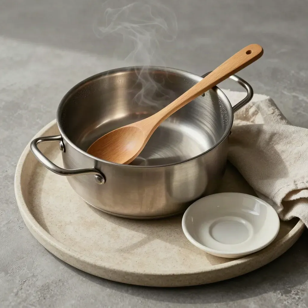 Casseruola in acciaio con cucchiaio di legno, canovaccio e piattino su vassoio in pietra.