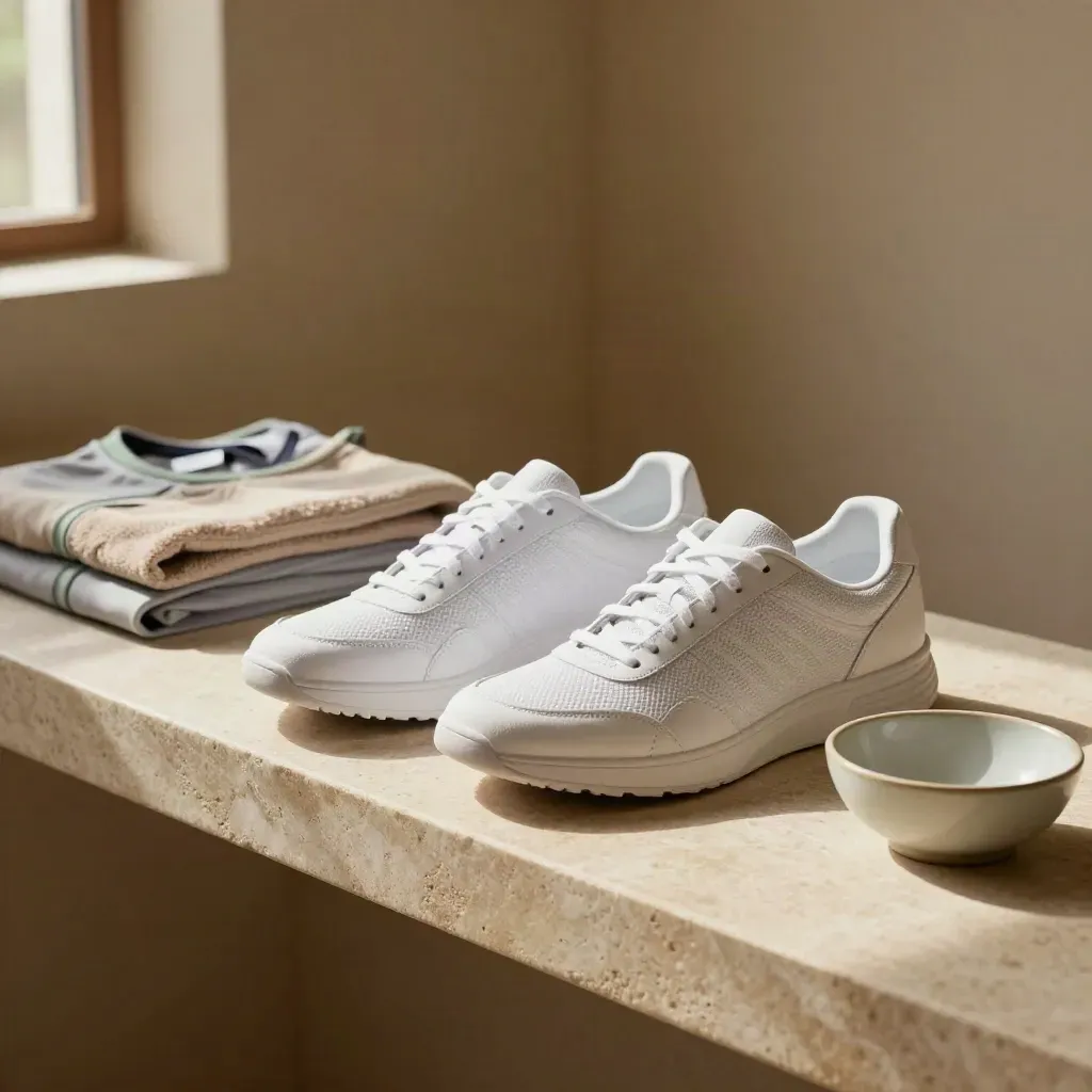 Due sneaker bianche con maglia piegata, asciugamano e ciotola su mensola in pietra