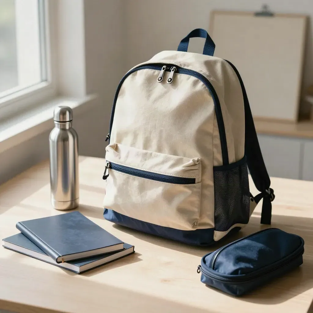 Zaino scolastico con quaderni, borraccia e astuccio su legno chiaro