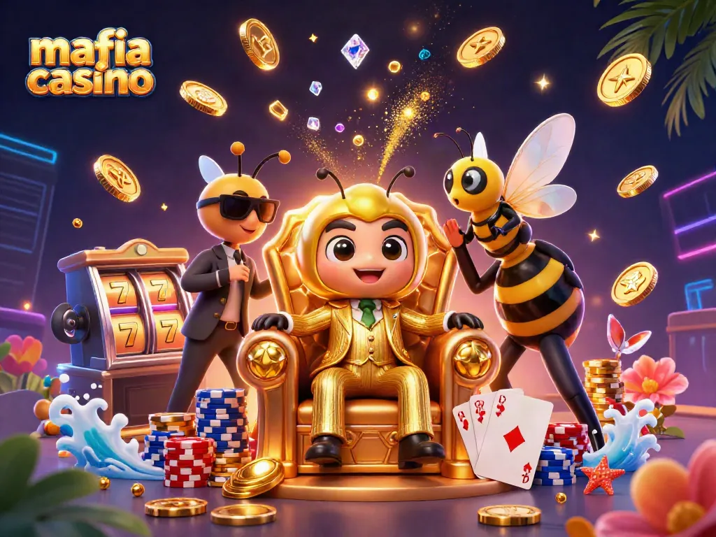 Mafia casino themed illustration showcasing a mob boss and vibrant slot machine action.